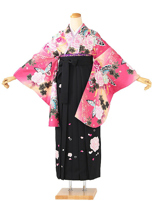レンタル 卒業袴 身長：158～163cm ピンク系 着物 × 刺繍 黒 袴 女性 二尺袖 女袴 卒業式 n-0738
