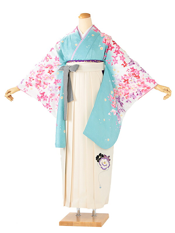 レンタル 卒業袴 身長：163～168cm 水色系 着物 × 刺繍 アイボリー 袴 女性 二尺袖 女袴 卒業式 n-0742