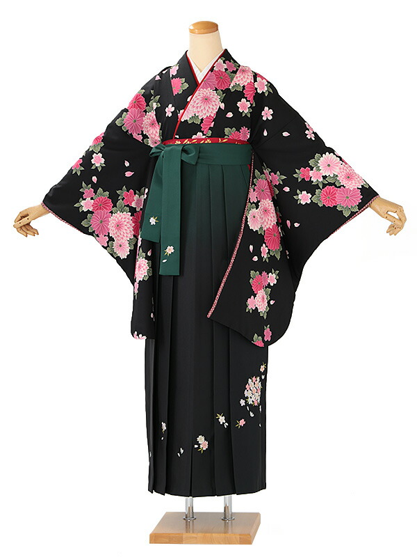 レンタル 卒業袴 身長:163~168cm 黒系 着物 × 刺繍 緑ぼかし 袴 女性 二尺袖 女袴 卒業式 n-0762