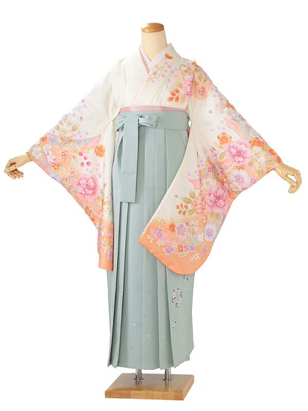 レンタル 卒業袴 身長：158～163cm クリーム系 着物 × 刺繍 グレー 袴 女性 二尺袖 女袴 卒業式 n-0764