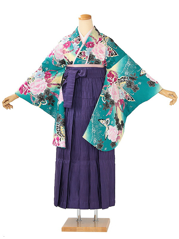 レンタル 卒業袴 身長：153～158cm 青緑系 着物 × 紫 袴 女性 二尺袖 女袴 卒業式 n-0767