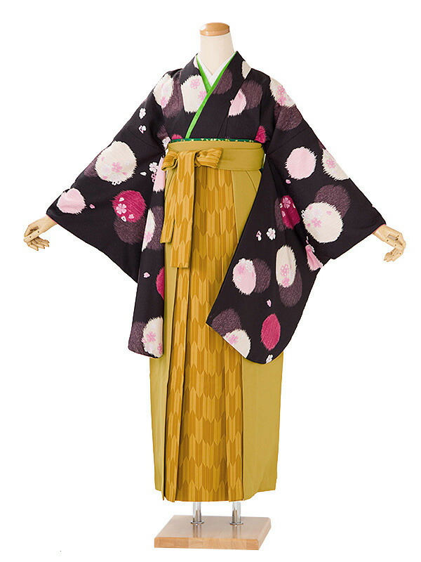 レンタル 卒業袴 身長：163～168cm 黒系 着物 × からし 袴 女性 二尺袖 女袴 卒業式 n-0783