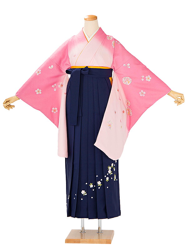 レンタル 卒業袴 身長：158～163cm ピンク系 着物 × 刺繍 紺 袴 女性 二尺袖 女袴 卒業式 n-0795