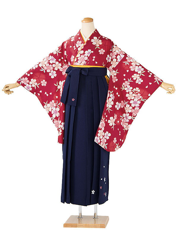レンタル 卒業袴 身長：158～163cm 赤系 着物 × 刺繍 紺 袴 女性 二尺袖 女袴 卒業式 n-0798