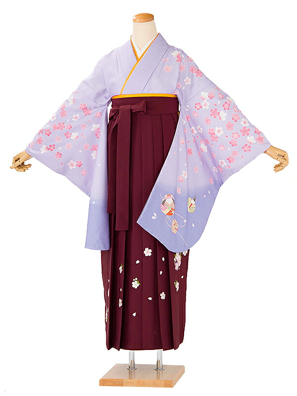 レンタル 卒業袴 身長：163～168cm 薄紫系 着物 × 刺繍 えんじ 袴 女性 二尺袖 女袴 卒業式 n-0801