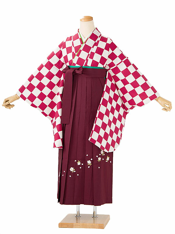 レンタル 卒業袴 身長：148～153cm 赤白系 市松 着物 × 刺繍 えんじ 袴 女性 二尺袖 女袴 卒業式 n-0808