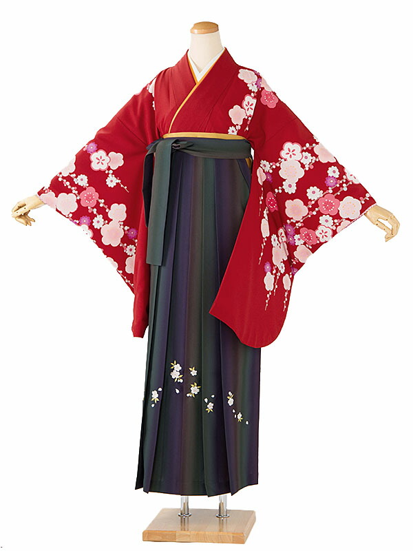 レンタル 卒業袴 身長：165～170cm 赤系 着物 × 刺繍 緑 袴 女性 二尺袖 女袴 卒業式 n-0817
