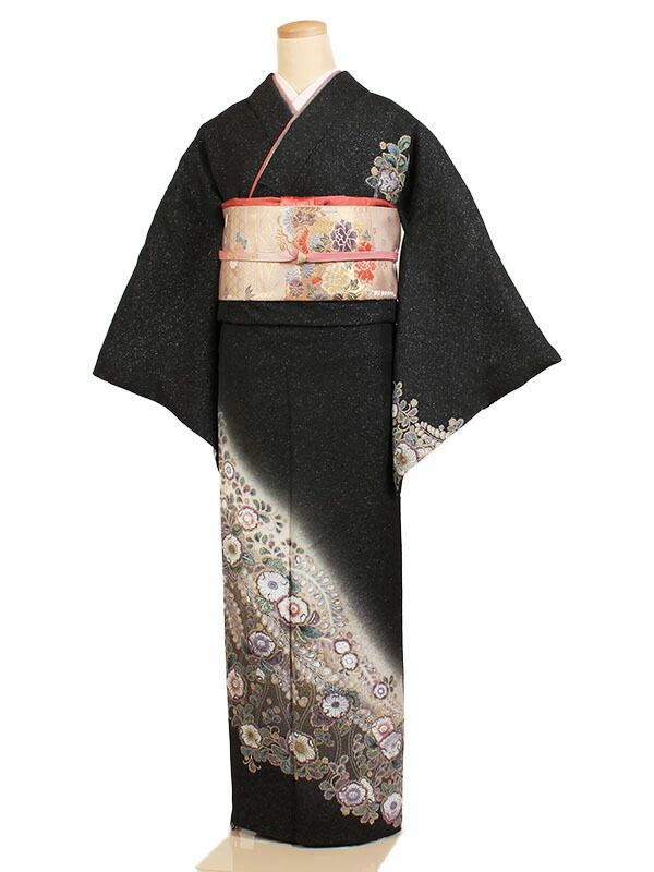 AA6989　夏物    誂仕立付訪問着　黒地辻が花 訪問着ﾚﾝﾀﾙtQ780 うすきいろ地 霞に花車(化繊) | 商品詳細