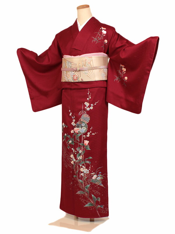 単衣訪問着 黒と赤のグラデーション 花柄　正絹 h-00310-2.jpg