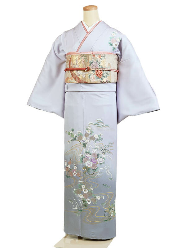 【洗える夏着物】【淡いグリーンがかった水色系 / 草花柄】Lサイズ 絽生地 ポリエステル 附下 訪問着 礼装着物 j0113