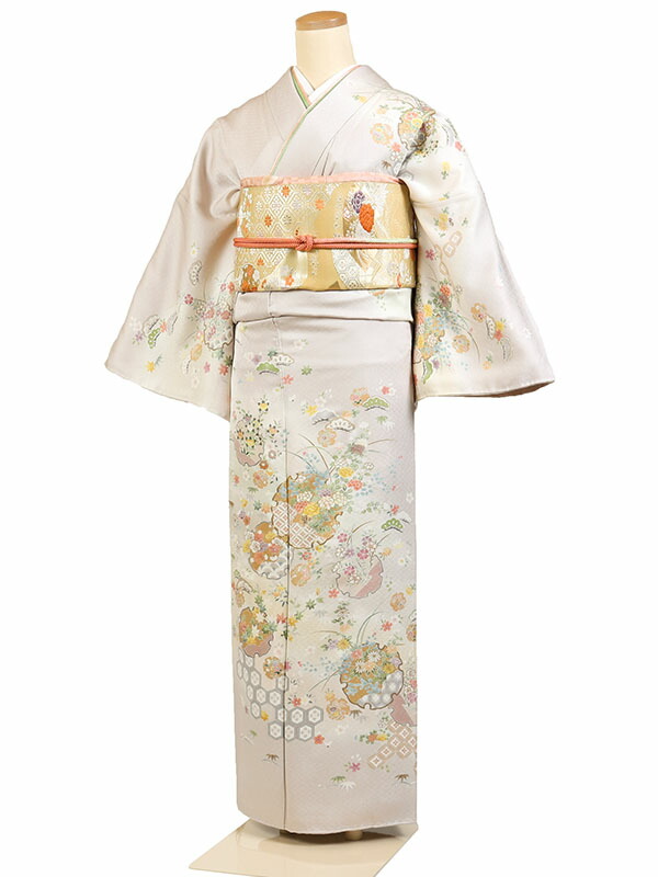 【レンタル】【訪問着 グレー系 手描き友禅・雪輪・四季草花】正絹 訪問着レンタル 訪問着セット レンタル訪問着 着物レンタル 貸衣装 結婚式 入学式 卒業式 お宮参り 七五三 お母さん ママ 母親 パーティー 結納 お茶会 安い 往復送料無料 h459