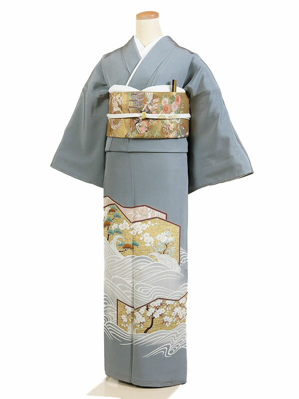 【レンタル】【色留袖 グレー地 波に金屏風 五三の桐紋】正絹 留袖 着物レンタル 結婚式 披露宴 貸衣装 貸衣裳 フルセット 女性 和服 母親着物 祖母 親族 新婦姉妹 和装婚 和婚 神社 ホテル式場 五つ紋 第一礼装 チャペル 往復送料無料 it028