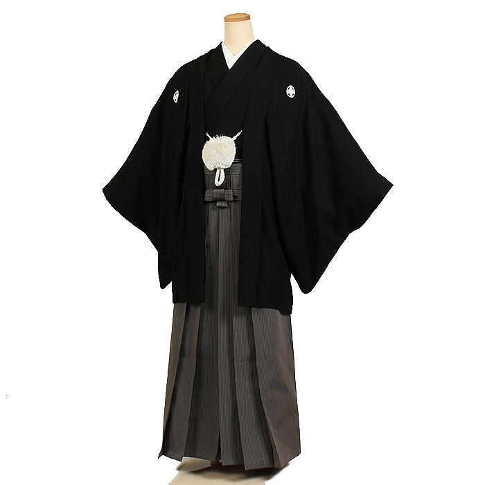 【レンタル】【紋付袴　黒地&times;グレー茶系縞】160cm～165cm 黒紋付 紋付袴 男着物 袴 レンタル 紋付フルセット レンタル紋付 着物レンタル 貸衣装 結婚式 披露宴 和婚 新郎 卒業式 パーティー 男 和服 安い 往復送料無料 メンズ mt27｜京都 きものれんたる京商