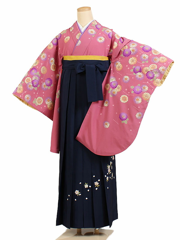 【レンタル】【卒業式袴 ピンク×紺桜刺繍】卒業式 袴 レンタル 女 身長163～168cm Lサイズ 卒業袴 女袴 卒業式袴セット 大学生 短大 教員 先生 二尺袖袴フルセット 専門学生 謝恩会 高校 小学生 文化祭 安い かわいい 往復送料無料 n053