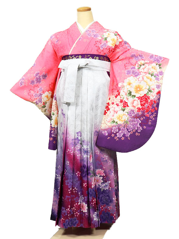 【レンタル】【卒業式袴 ピンク×白紫系花柄】卒業式 袴 レンタル 女 身長158～163cm 卒業袴 女袴 卒業式袴セット 大学生 教員 先生 二尺袖袴フルセット 専門学生 安い かわいい 往復送料無料 n056