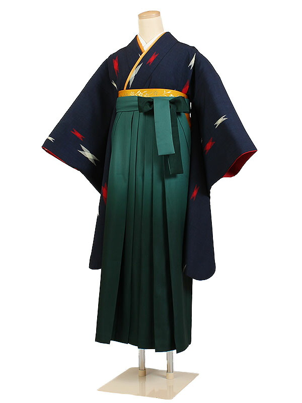 【レンタル】【卒業式袴 紺地絣×緑ぼかし袴】卒業式 袴 レンタル 女 身長153～158cm Mサイズ Lサイズ 卒業袴 女袴 卒業式袴セット 大学生 小学生 中学生 短大 教員 先生 二尺袖袴フルセット 専門学生 謝恩会 高校 小学生 文化祭 安い かわいい 往復送料無料 pn038