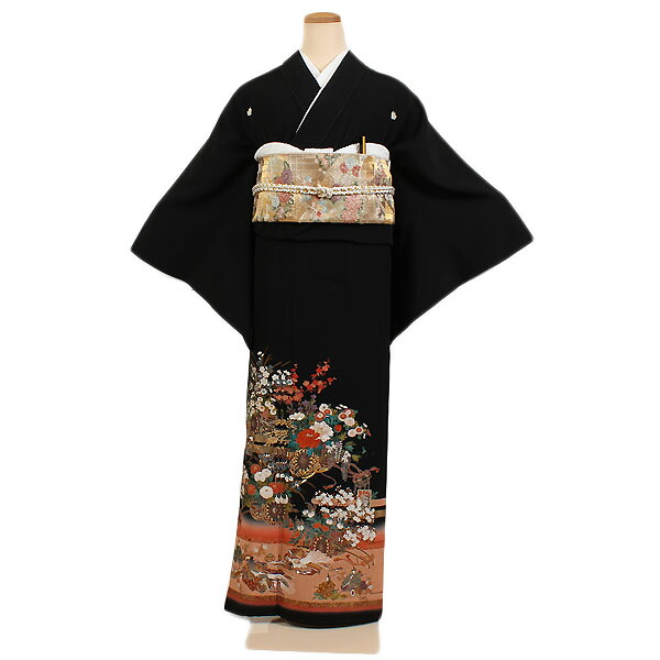 【広幅 大きいサイズ】レンタル 黒留袖 花車 身長:155～158cm 号数:15～19号 結婚式 披露宴 t-0134｜京都 きものれんたる京商