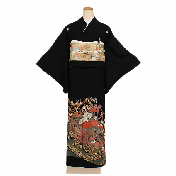 【レンタル】【黒留袖 花車 丸に橘紋】留袖｜黒留袖｜着物｜レンタル｜結婚式｜披露宴｜貸衣装｜貸衣裳｜フルセット｜女性和服｜和服｜母親｜祖母｜親族｜チャペル｜安い｜往復送料無料 t033