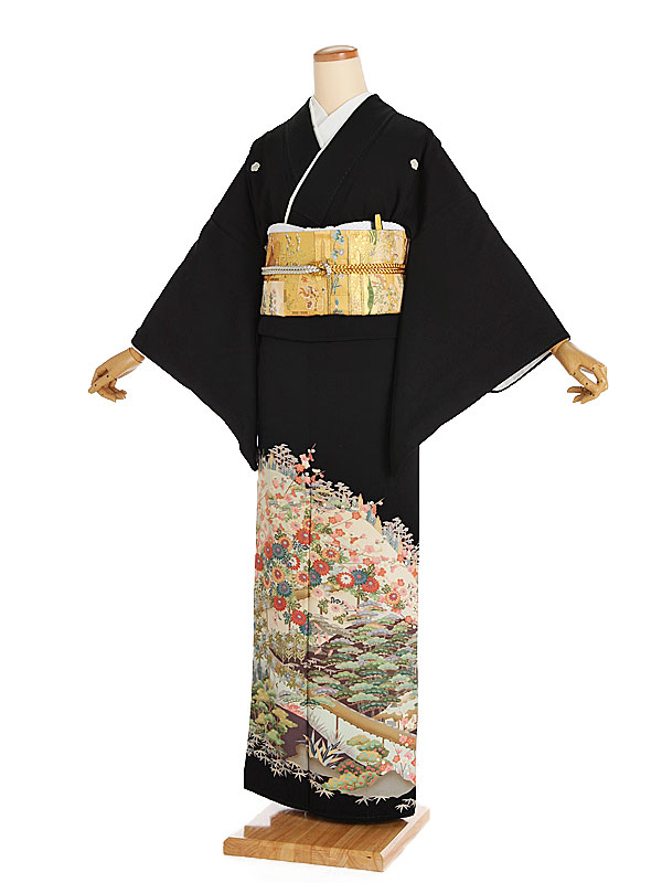 【レンタル】【黒留袖 本加賀友禅 遠山に紅菊 蔦（つた）紋】正絹 留袖 着物レンタル 結婚式 披露宴 貸衣装 貸衣裳 フルセット 女性 和服 母親着物 祖母 親族 新婦姉妹 和装婚 和婚 神社 ホテル式場 五つ紋 第一礼装 チャペル 往復送料無料 t231