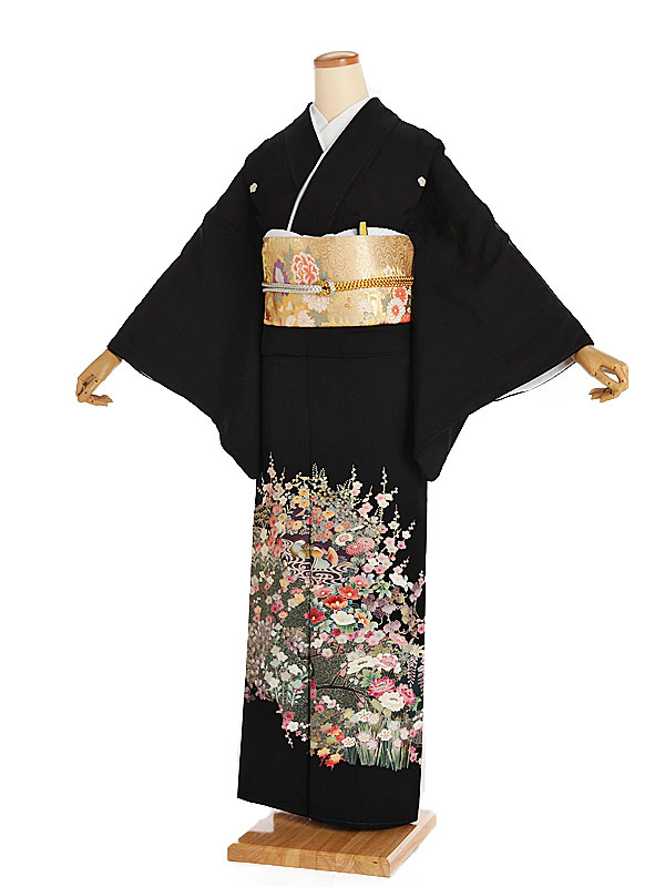 【レンタル】【黒留袖 花車に宴 蔦（つた）紋】正絹 留袖 着物レンタル 結婚式 披露宴 貸衣装 貸衣裳 フルセット 女性 和服 母親着物 祖母 親族 新婦姉妹 和装婚 和婚 神社 ホテル式場 五つ紋 第一礼装 チャペル 往復送料無料 t253