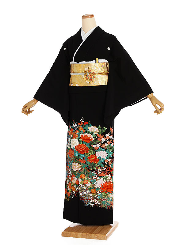【レンタル】【黒留袖 紅白牡丹と垣根に流水 蔦（つた）紋】正絹 留袖 着物レンタル 結婚式 披露宴 貸衣装 貸衣裳 フルセット 女性 和服 母親着物 祖母 親族 新婦姉妹 和装婚 和婚 神社 ホテル式場 五つ紋 第一礼装 チャペル 往復送料無料 t266