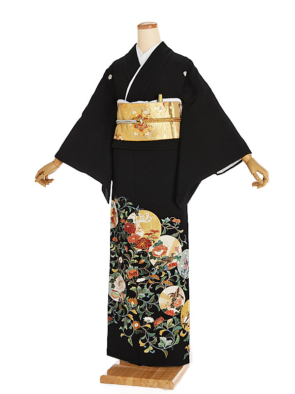 【賃借】【黒留袖 丸紋唐草 蔦（つた）紋】正絹 留袖 お召しもの賃借 御芽出度 交歓会 貸お召しもの 貸お召しもの フルセット お上さん 着物 お母さんお召しもの お祖母ちゃん 親族グループ 花嫁御寮姉妹 和装婚 和婚 廟堂 泊まり式場 五つ紋 第一礼装 礼拝堂 往復貨物輸送無料 t268