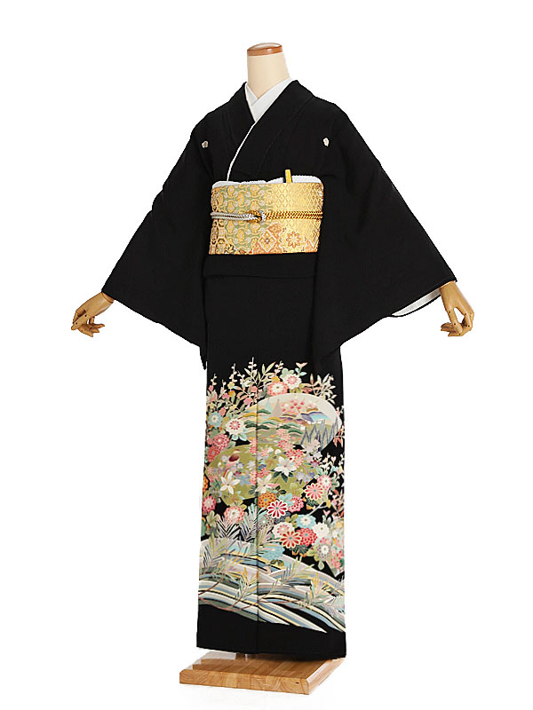 【レンタル】【黒留袖 本加賀友禅 扇面秋草 蔦（つた）紋】正絹 留袖 着物レンタル 結婚式 披露宴 貸衣装 貸衣裳 フルセット 女性 和服 母親着物 祖母 親族 新婦姉妹 和装婚 和婚 神社 ホテル式場 五つ紋 第一礼装 チャペル 往復送料無料 t281