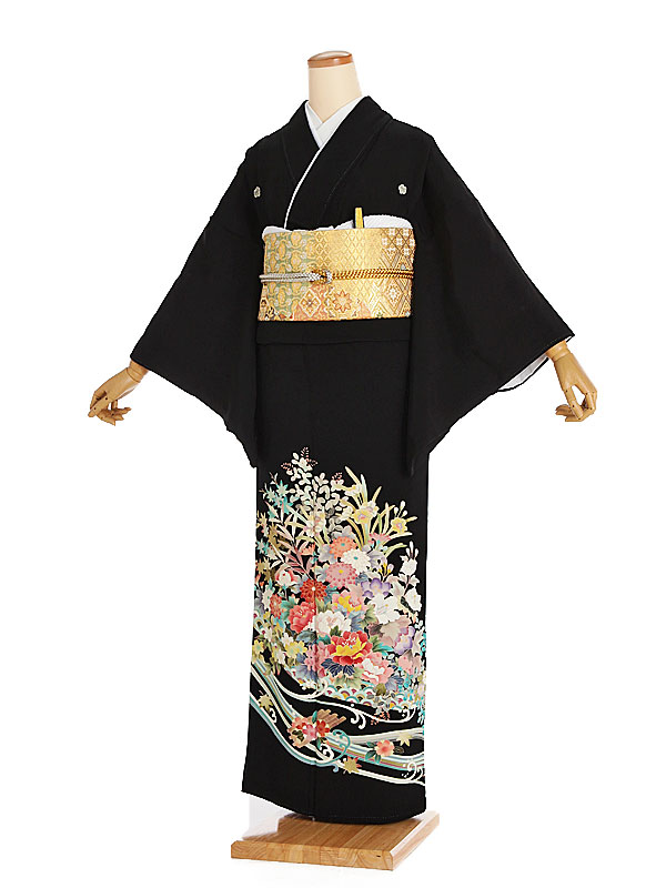 【レンタル】【黒留袖 本加賀友禅 吉祥流水花笹 蔦（つた）紋】正絹 留袖 着物レンタル 結婚式 披露宴 貸衣装 貸衣裳 フルセット 女性 和服 母親着物 祖母 親族 新婦姉妹 和装婚 和婚 神社 ホテル式場 五つ紋 第一礼装 チャペル 往復送料無料 t282