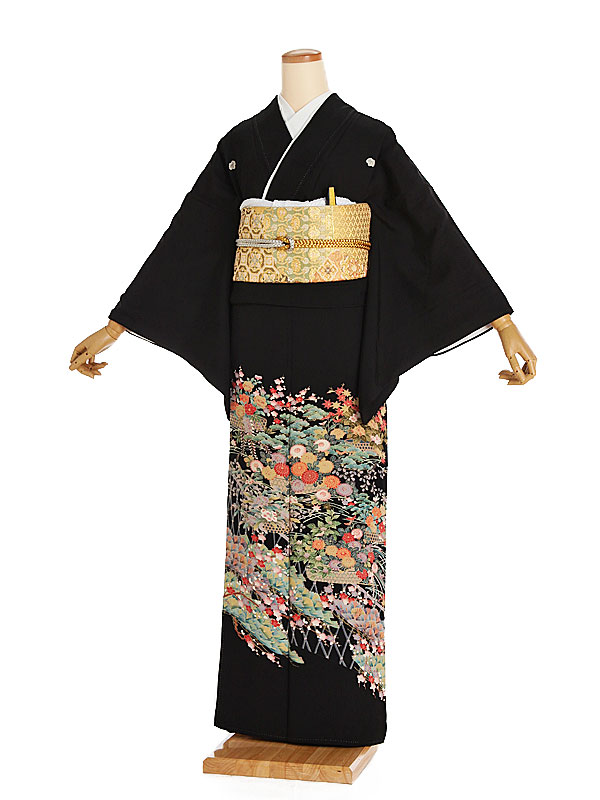 【レンタル】【黒留袖 本加賀友禅 松に菊籠 蔦（つた）紋】正絹 留袖 着物レンタル 結婚式 披露宴 貸衣装 貸衣裳 フルセット 女性 和服 母親着物 祖母 親族 新婦姉妹 和装婚 和婚 神社 ホテル式場 五つ紋 第一礼装 チャペル 往復送料無料 t284