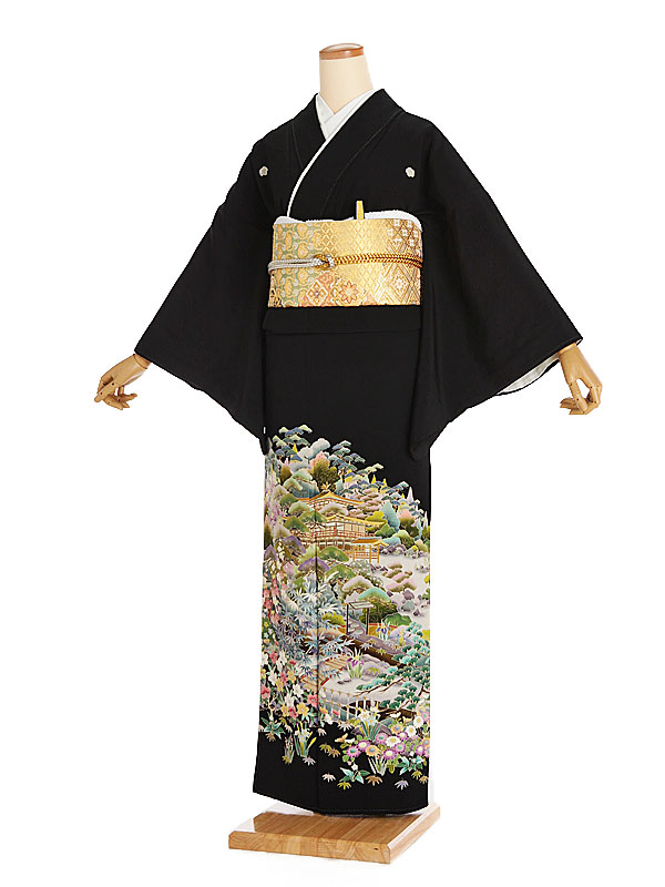 【レンタル】【黒留袖 本加賀友禅 金閣寺山水 蔦（つた）紋】正絹 留袖 着物レンタル 結婚式 披露宴 貸衣装 貸衣裳 フルセット 女性 和服 母親着物 祖母 親族 新婦姉妹 和装婚 和婚 神社 ホテル式場 五つ紋 第一礼装 チャペル 往復送料無料 t285｜京都 きものれんたる京商
