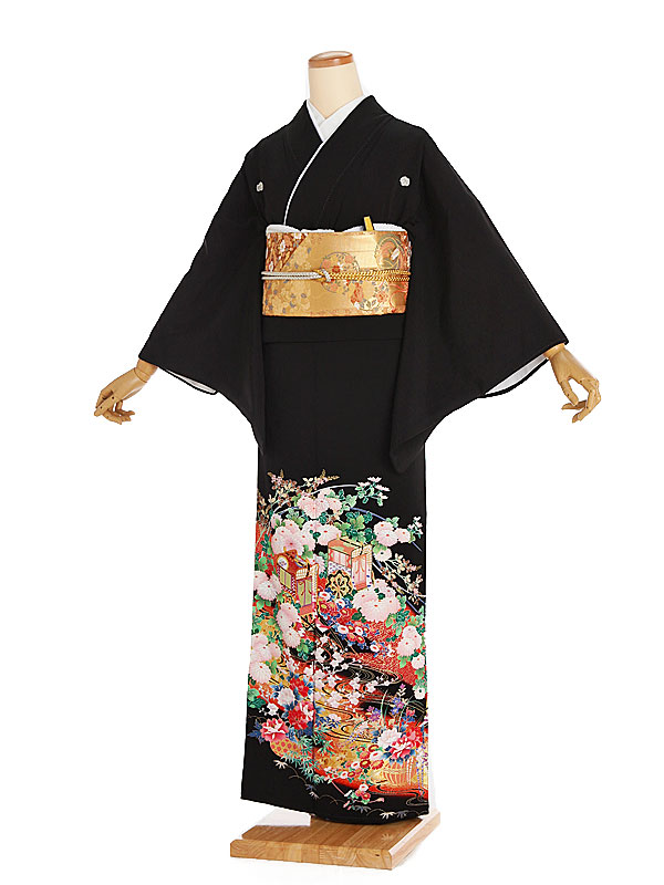 【レンタル】【黒留袖 朱/御所車に菊 蔦(つた)紋】正絹 留袖 着物レンタル 結婚式 披露宴 貸衣装 貸衣裳 フルセット 女性 和服 母親着物 祖母 親族 新婦姉妹 和装婚 和婚 神社 ホテル式場 五つ紋 第一礼装 チャペル 往復送料無料 t302