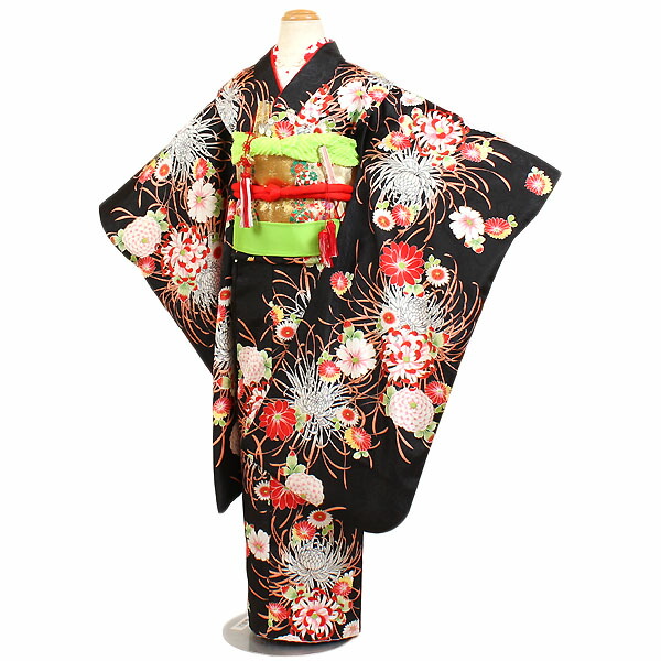 【レンタル】四つ身 女児 7歳用 七五三 黒『R・KIKUCHI （リョウコ・キクチ）』身長110～120cm 四つ身セット 女の子 753 七五三着物 y-0009