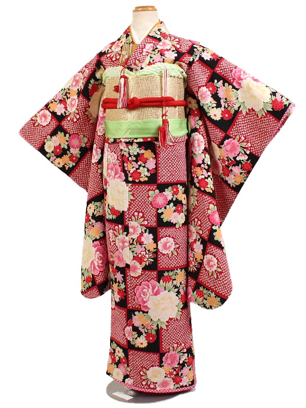 【レンタル】四つ身 女児 7歳用 七五三 赤 黒 身長115～125cm 四つ身セット 女の子 753 七五三着物 y-0030 9,800円