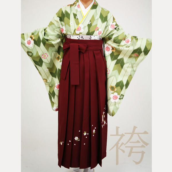 【レンタル】袴レンタル15点フルセット【Sサイズ/グリーン矢がすり桜（2尺袖）＆エンジ無地刺子（袴）】足袋プレゼント 袴 着物 フルセット レンタル 貸衣装 女性 和服 はかま 卒業式 大学