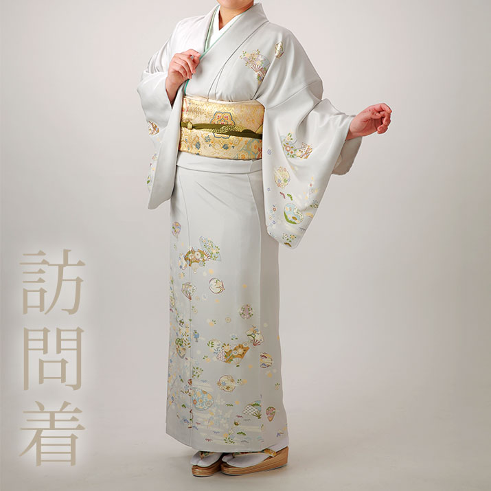 【レンタル】訪問着レンタル18点フルセット【フリーサイズ/グレー 小花に舞う扇子文様】足袋プレゼント 訪問着 着物レンタル 貸衣装 女性和服 お宮参り 母親 結婚式 七五三 入学式 卒業式 着物 往復送料無料