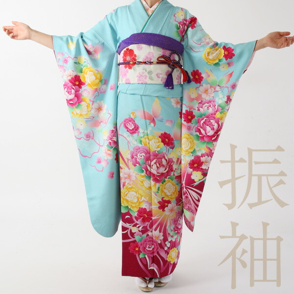 みりん　振袖フルセット　辻が花　Lサイズ　幅広 振袖 レンタル 青 紺色 振袖 辻が花 【Mサイズ 紺ぼかし辻が花の