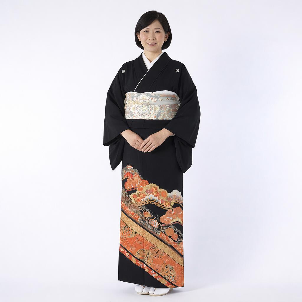 【賃貸】雪持ちの松 黒留袖 正絹 御芽出度 母ちゃん用 フルセット（草履うしろ側・着付け小物付き添い人） 安全性のある引き請ける付き添い人