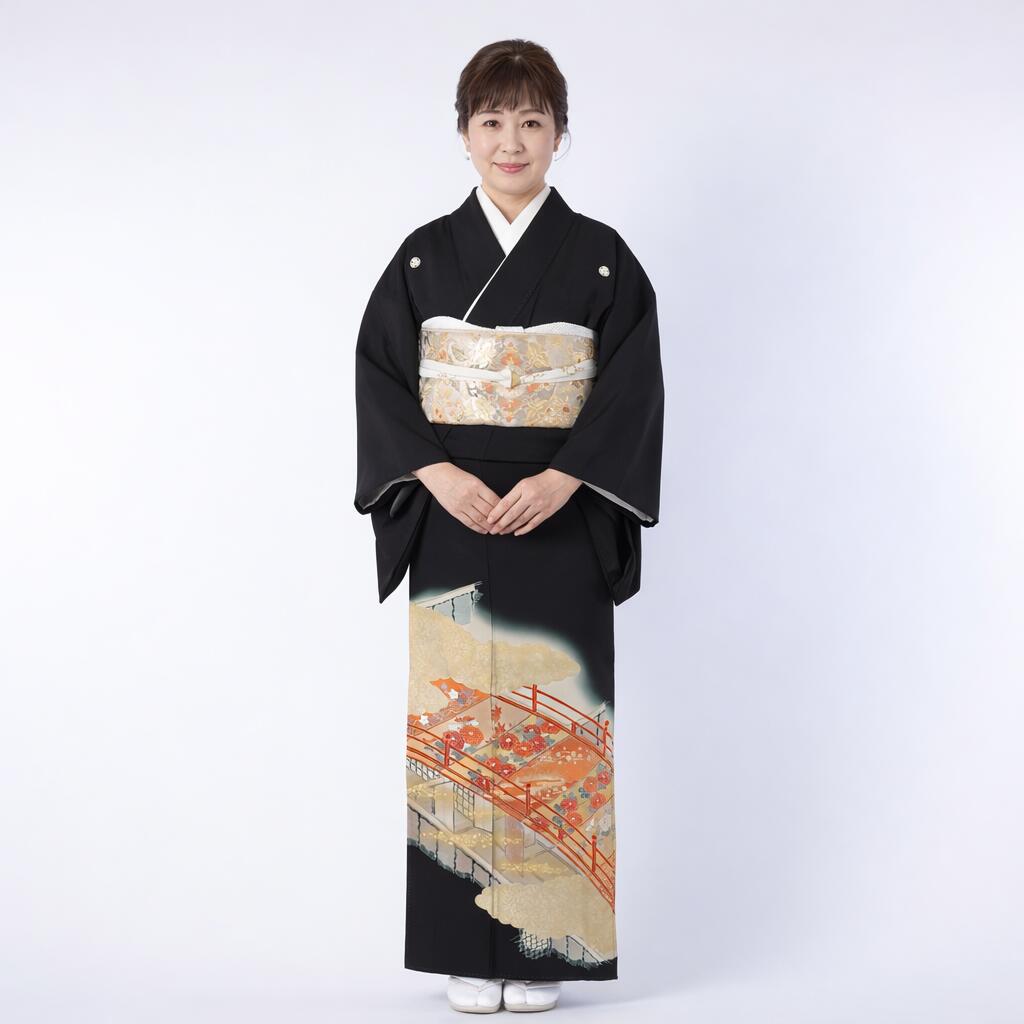 【賃貸】名華錦帯橋 黒留袖 正絹 御芽出度 母ちゃん用 フルセット（草履うしろ側・着付け小物付き添い人） 安全性のある引き請ける付き添い人