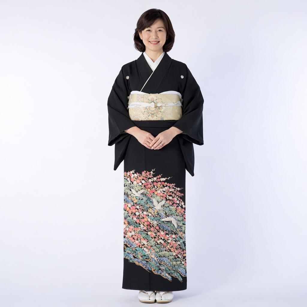【賃貸】加賀松竹梅 黒留袖 正絹 御芽出度 母ちゃん用 フルセット（草履うしろ側・着付け小物付き添い人） 安全性のある引き請ける付き添い人