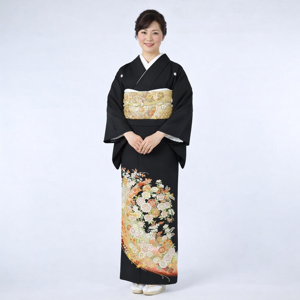 【賃貸】瑞花錦 黒留袖 正絹 御芽出度 母ちゃん用 フルセット（草履うしろ側・着付け小物付き添い人） 安全性のある引き請ける付き添い人