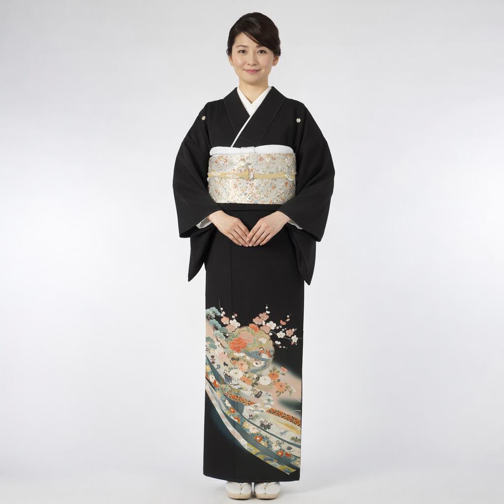 【賃貸】幸徳殿 黒留袖 正絹 御芽出度 母ちゃん用 フルセット（草履うしろ側・着付け小物付き添い人） 安全性のある引き請ける付き添い人