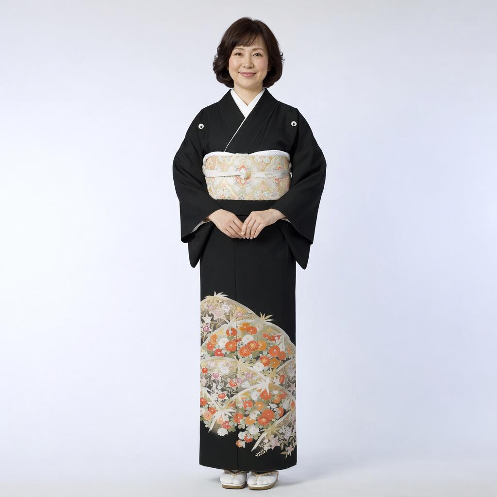 【賃貸】光悦垣菊に橘花 黒留袖 正絹 御芽出度 母ちゃん用 フルセット（草履うしろ側・着付け小物付き添い人） 安全性のある引き請ける付き添い人