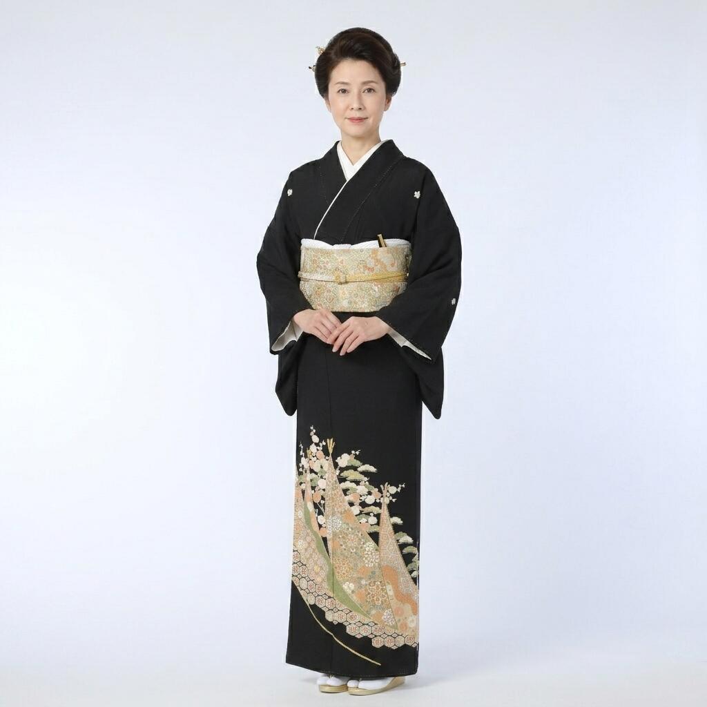 【賃貸】花雪つり 黒留袖 正絹 御芽出度 母ちゃん用 フルセット（草履うしろ側・着付け小物付き添い人） 安全性のある引き請ける付き添い人