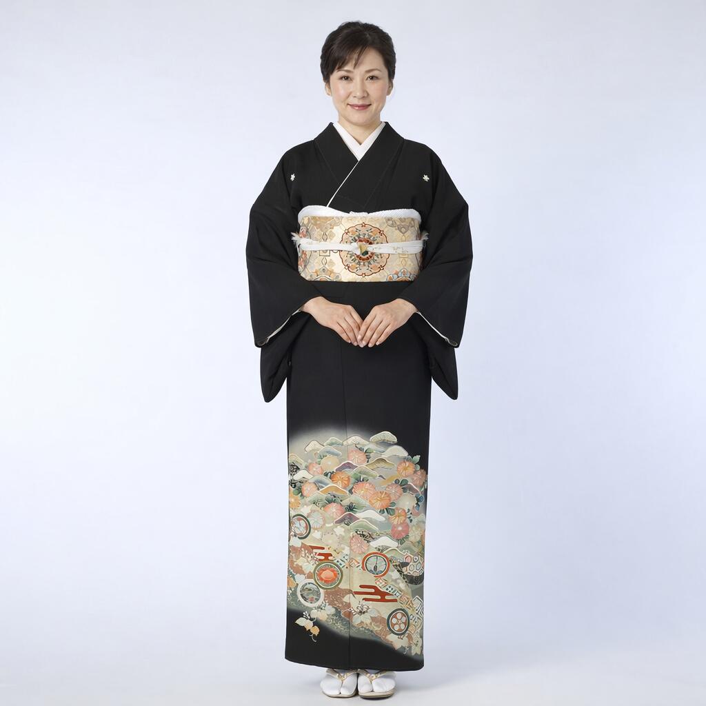 【賃貸】菊に五色松 黒留袖 正絹 御芽出度 母ちゃん用 フルセット（草履うしろ側・着付け小物付き添い人） 安全性のある引き請ける付き添い人