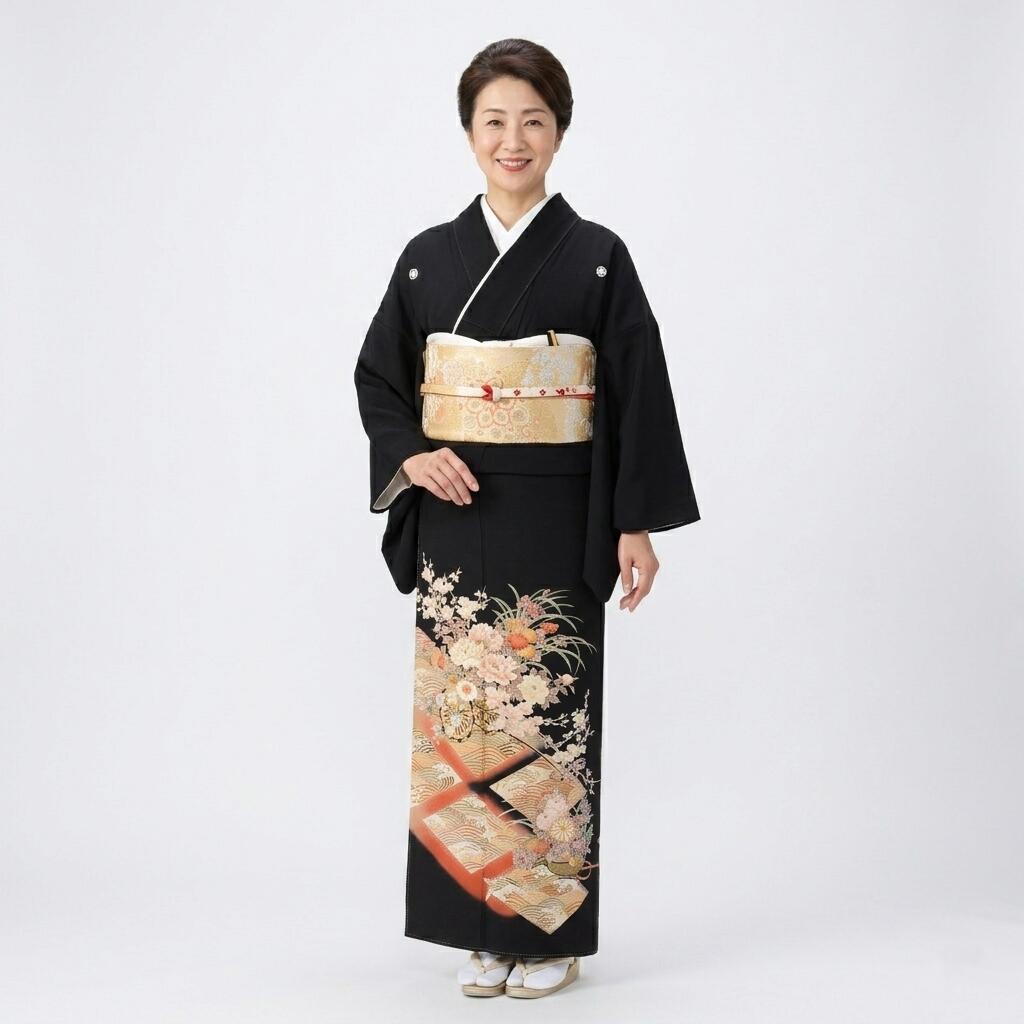 【賃貸】青海菱 黒留袖 正絹 御芽出度 母ちゃん用 フルセット（草履うしろ側・着付け小物付き添い人） 安全性のある引き請ける付き添い人