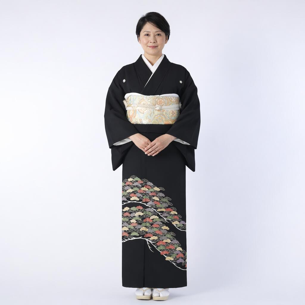 【賃貸】京華松 黒留袖 正絹 御芽出度 母ちゃん用 フルセット（草履うしろ側・着付け小物付き添い人） 安全性のある引き請ける付き添い人