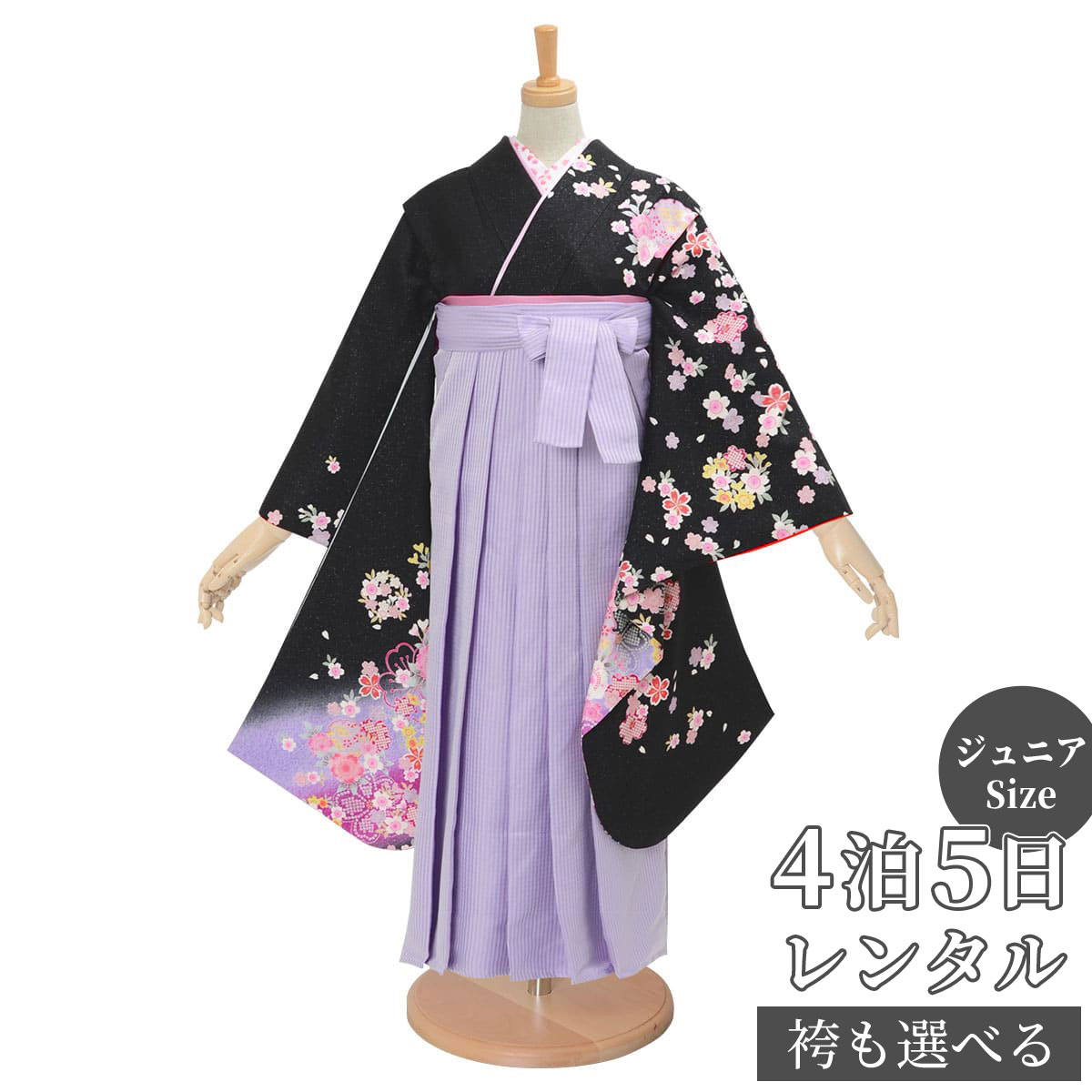 小学生 卒業式 袴 キッズファッション レンタル黒 袴レンタル ジュニア用 和服 卒服 約141cm レンタル 袴 レンタル 小学生 ジュニア 女の子 Ag2 黒 雪輪疋田桜模様 紫ぼかし 絹 小学生 卒業式 袴 レンタル ジュニア 卒服 フルセット 十三参り 貸衣装 子供用