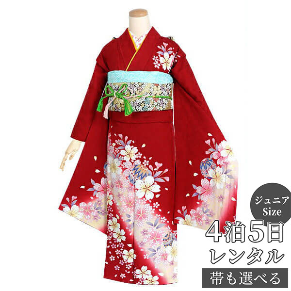 【レンタル】ジュニア　振袖　レンタル フルセットレンタル 赤　桜と手鞠(絹)〔A032〕十三参り 卒業式 小学生 着物 中学生 着物 レンタル着物 フルセッ ふりそで　送料無料[一部地域を除く]｜京都着物レンタル夢館