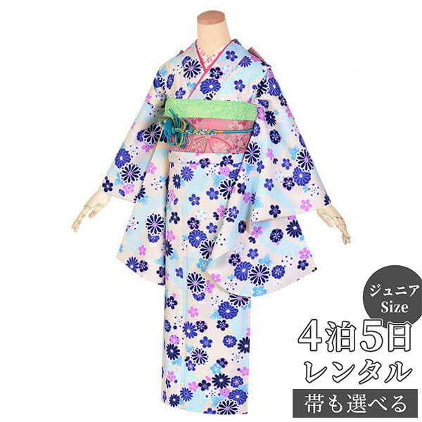 【レンタル】ジュニア　振袖　レンタル フルセットレンタル オフホワイト　藤に菊梅(G654)〔A049〕十三参り 卒業式 小学生 着物 中学生 着物 レンタル着物 フルセッ ふりそで　送料無料[一部地域を除く]｜京都着物レンタル夢館