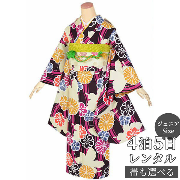 【レンタル】ジュニア　振袖　レンタル フルセットレンタル 紫　立涌に蝶(G688)(G696)〔A073〕十三参り 卒業式 小学生 着物 中学生 着物 レンタル着物 フルセッ ふりそで　送料無料[一部地域を除く]｜京都着物レンタル夢館 14,058円